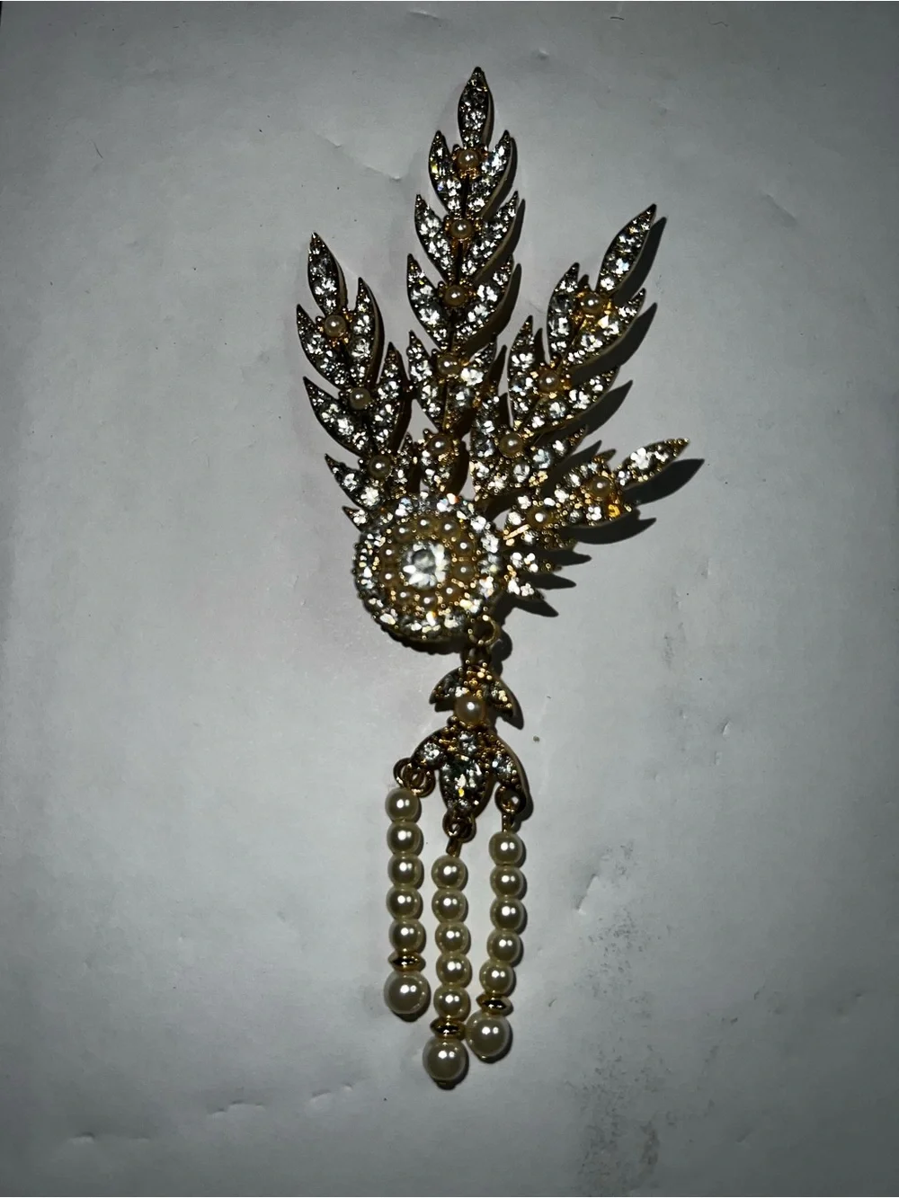 Gold-Tone Pearl & Crystal Feather Statement Brooch